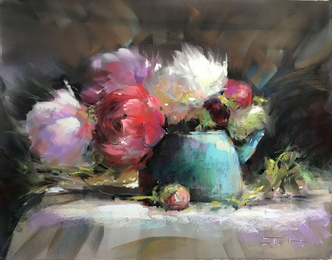 Peonies in Turquoise Kettle