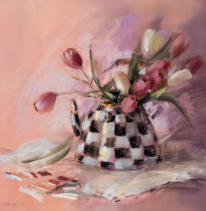 Tulips in a tea kettle