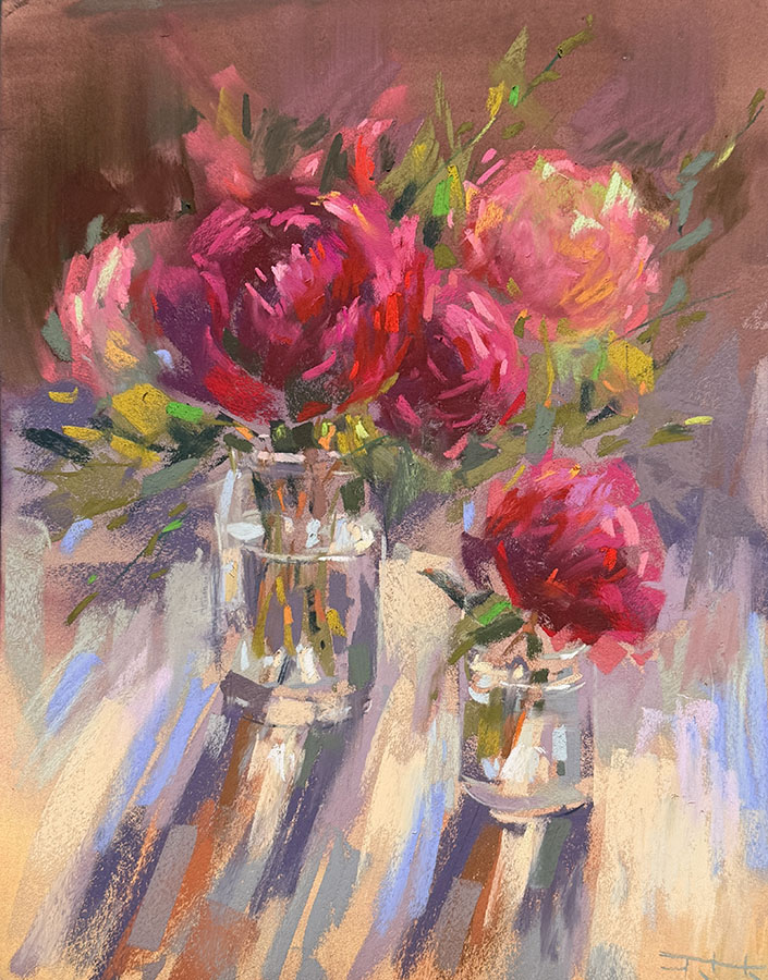 Peonies in Sunlight – Original Soft Pastel Painting by Tatsiana Harbacheuskaya