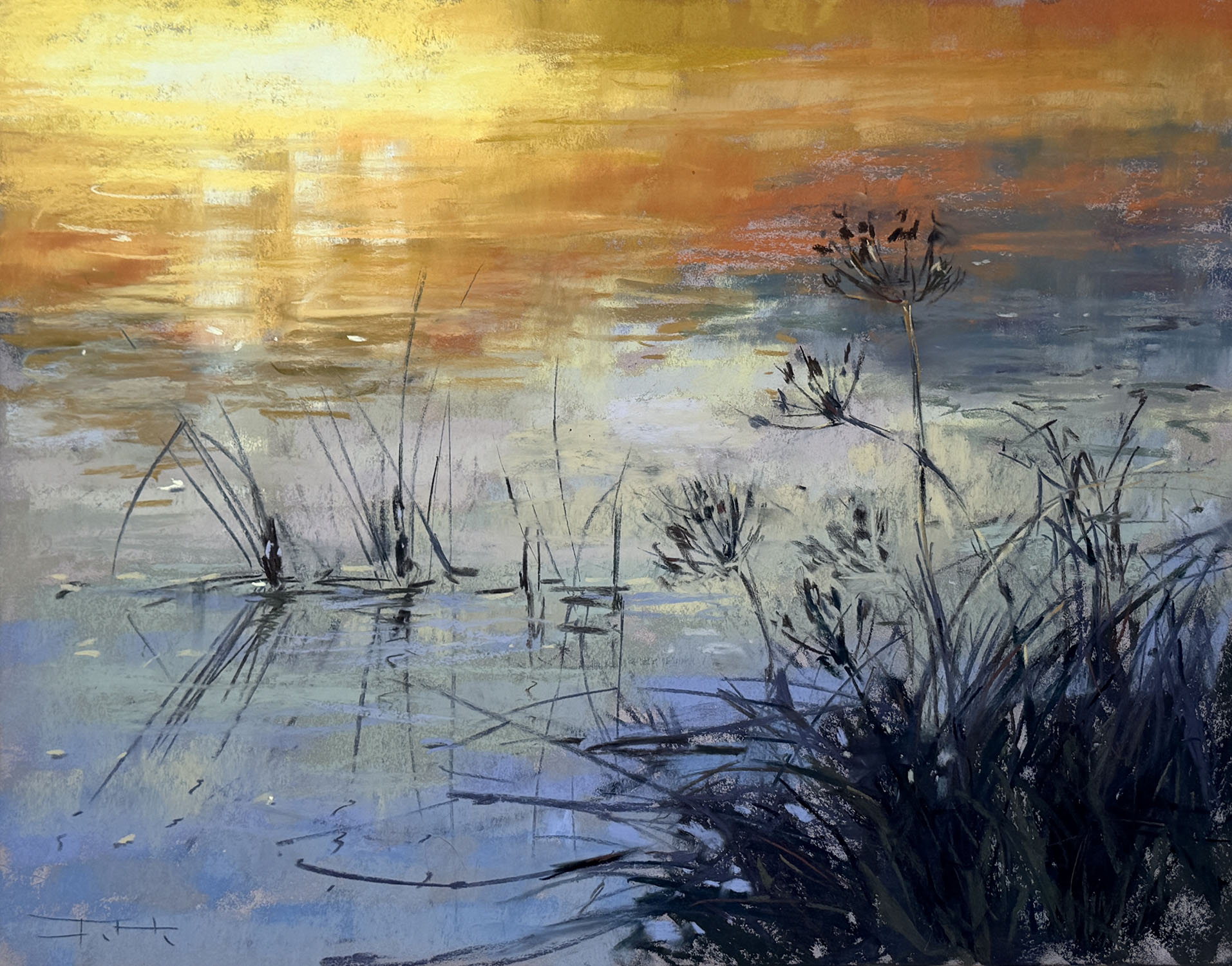 Horizontal soft pastel landscape painting 'Westlands at Dusk' by Tatsiana Harbacheuskaya, featuring silhouettes of wild grasses against water reflecting a golden sunset.