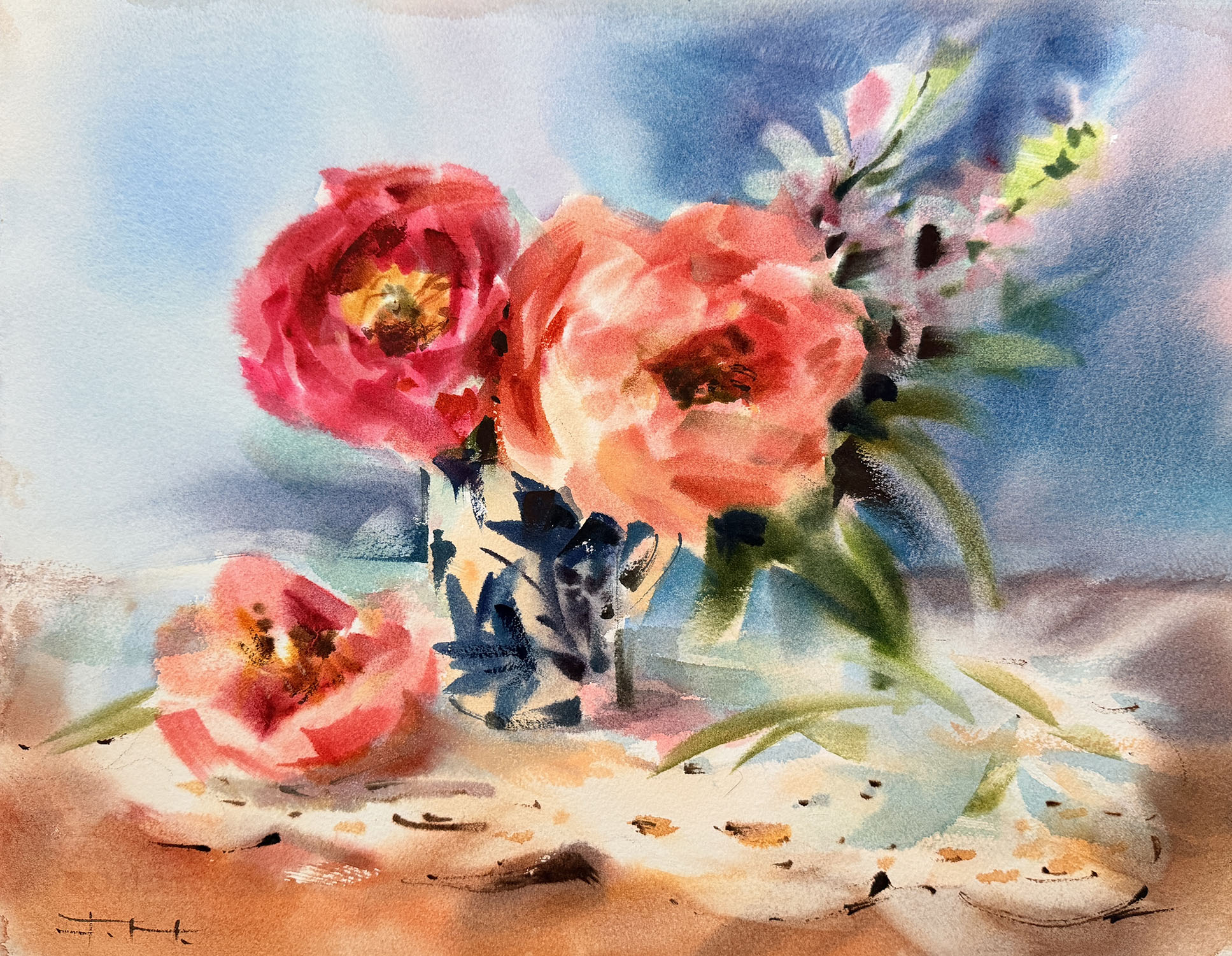 A watercolor painting by Tatsiana Harbacheuskaya Soft Peonies in Blue
