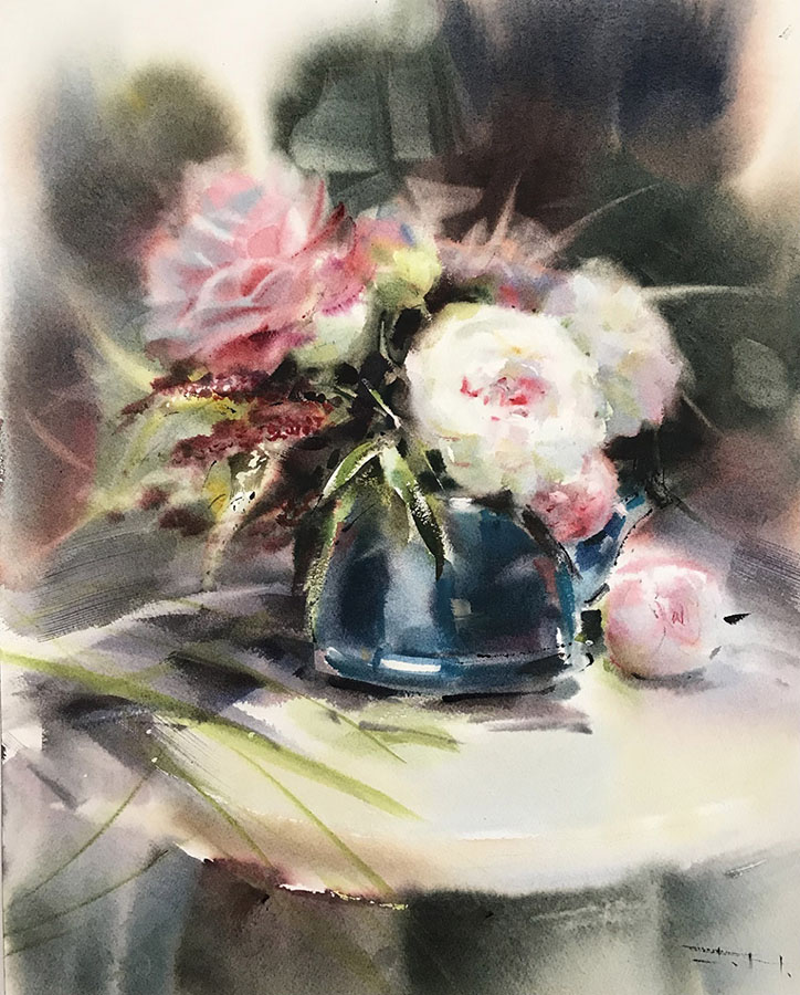 Peonies in a Blue Kettle