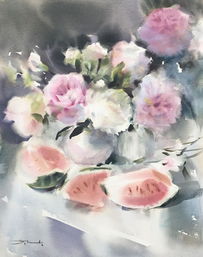 Still life with peonies and watermelon