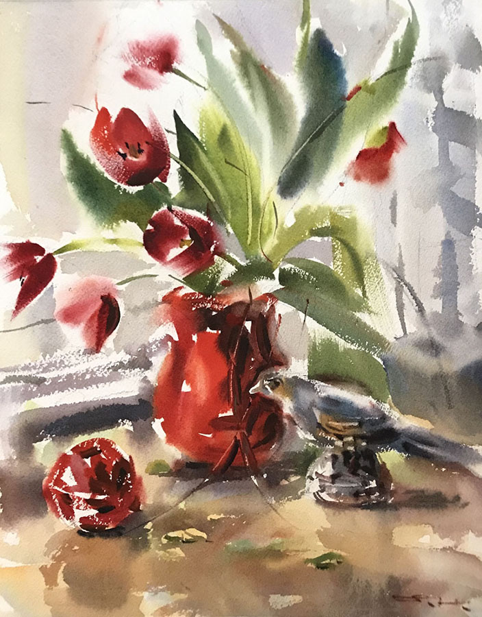 Tulips by the window