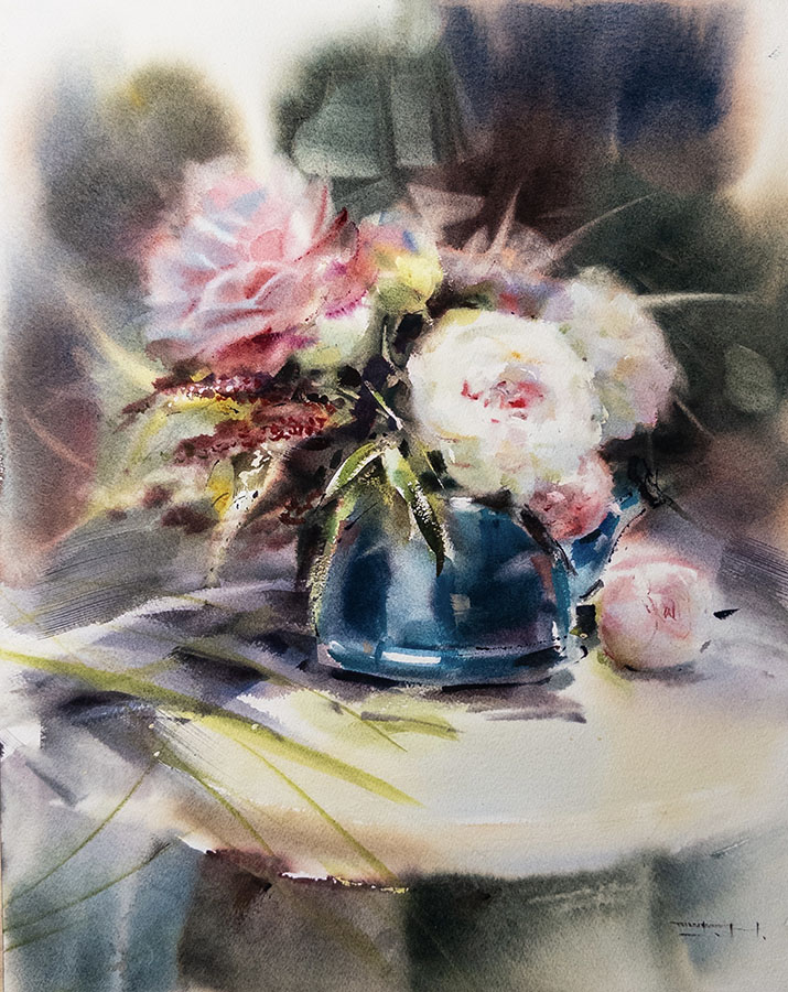 Peonies in a Blue Kettle